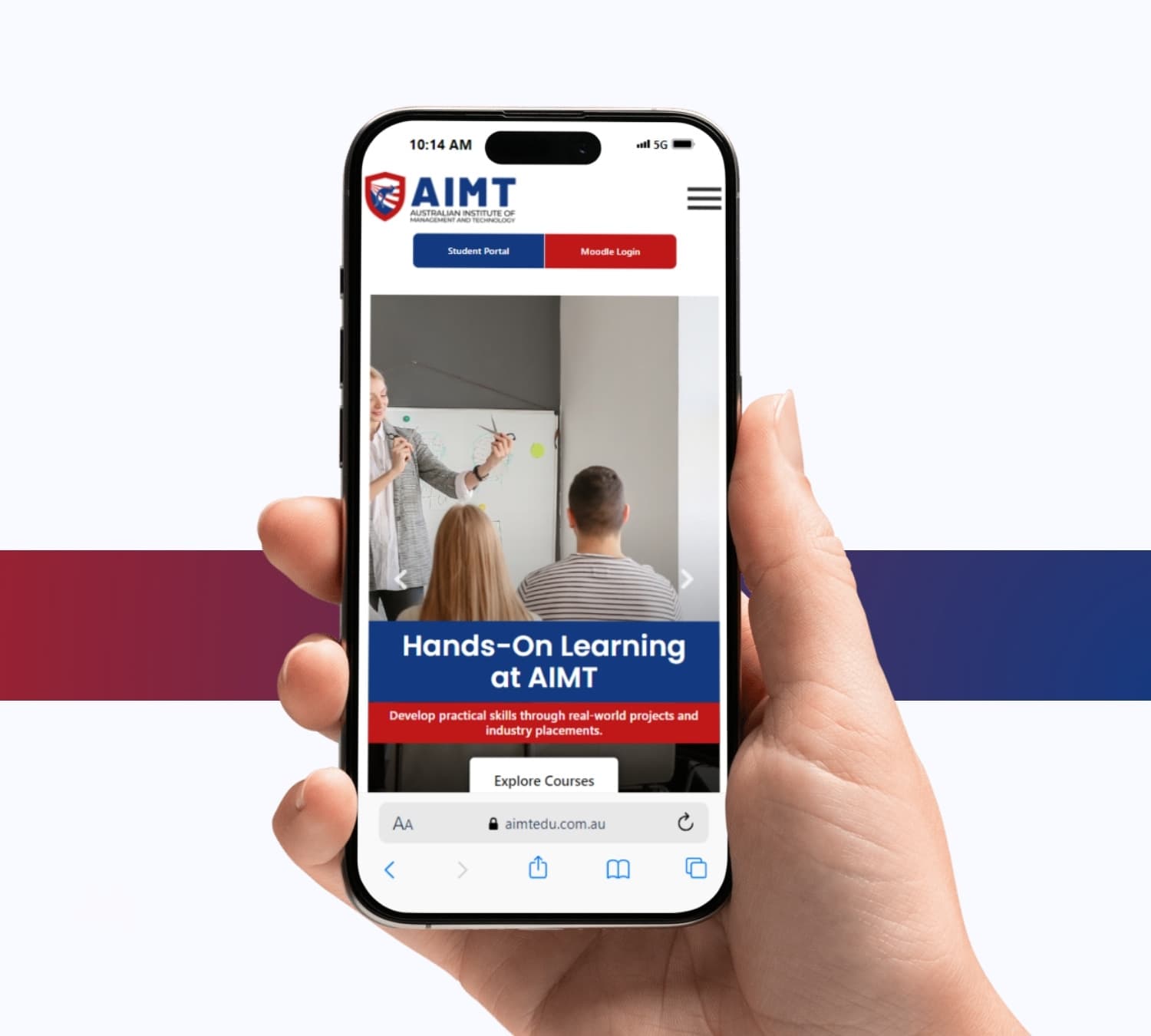 AIMT Australia course page on a phone, held in hand