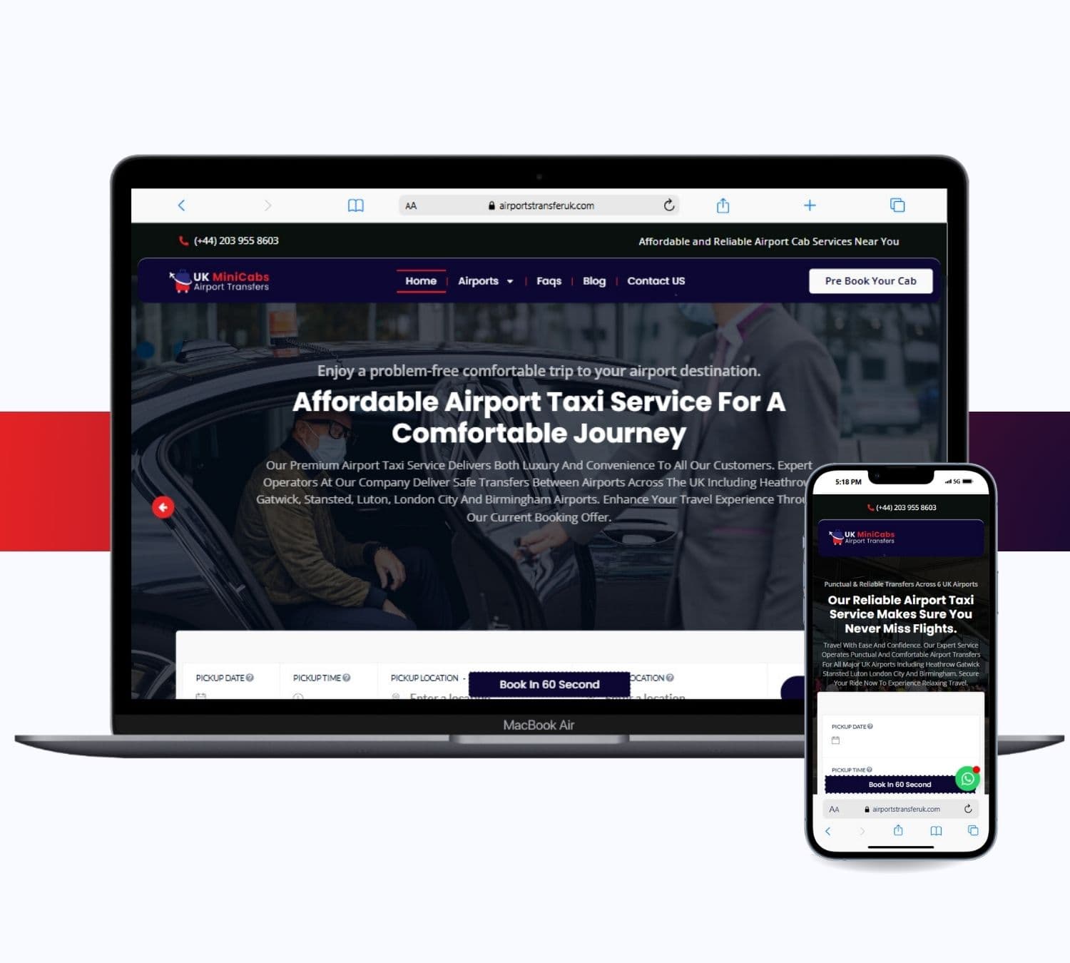 Airport Transfers UK booking website on a laptop and phone