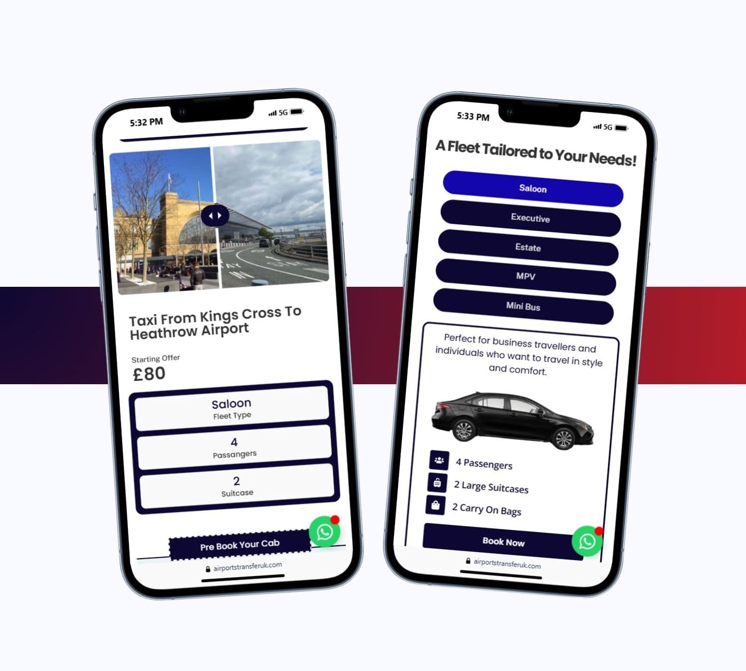Airport Transfers UK service and fleet pages on two phones