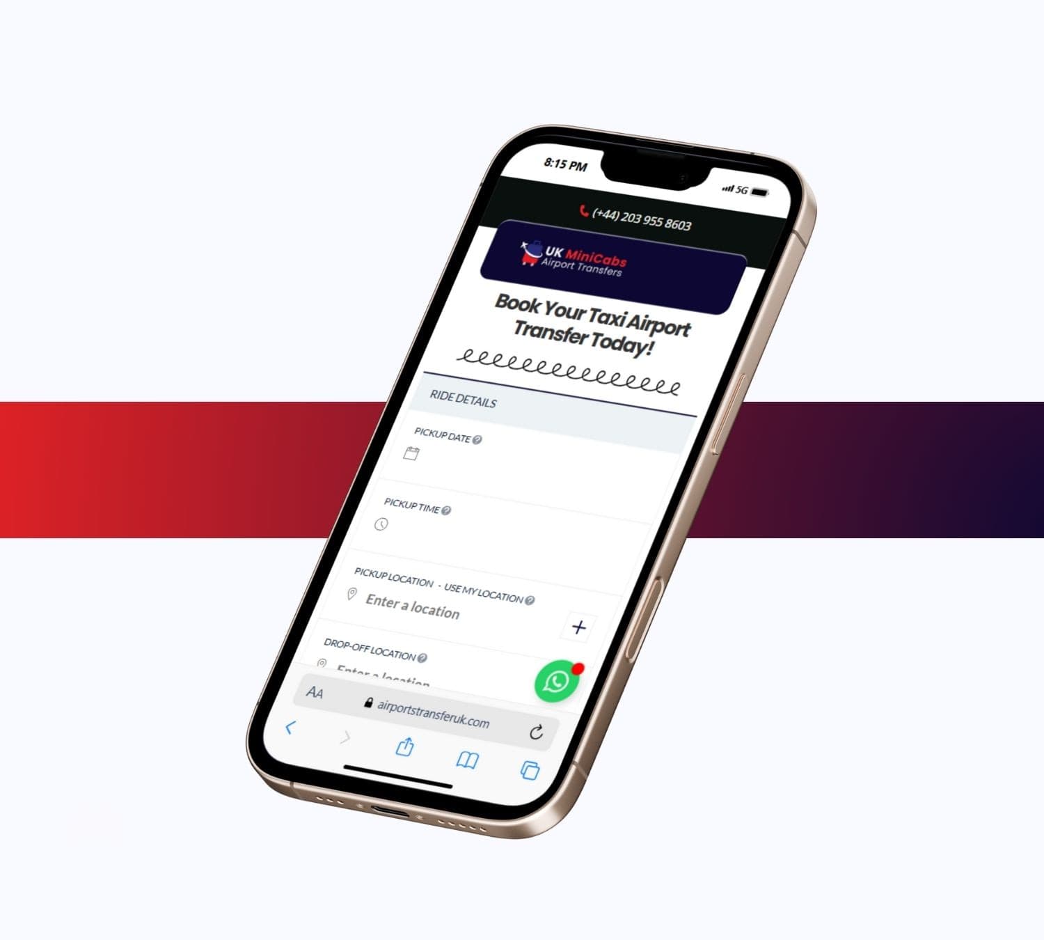 Airport Transfers UK booking form on a phone