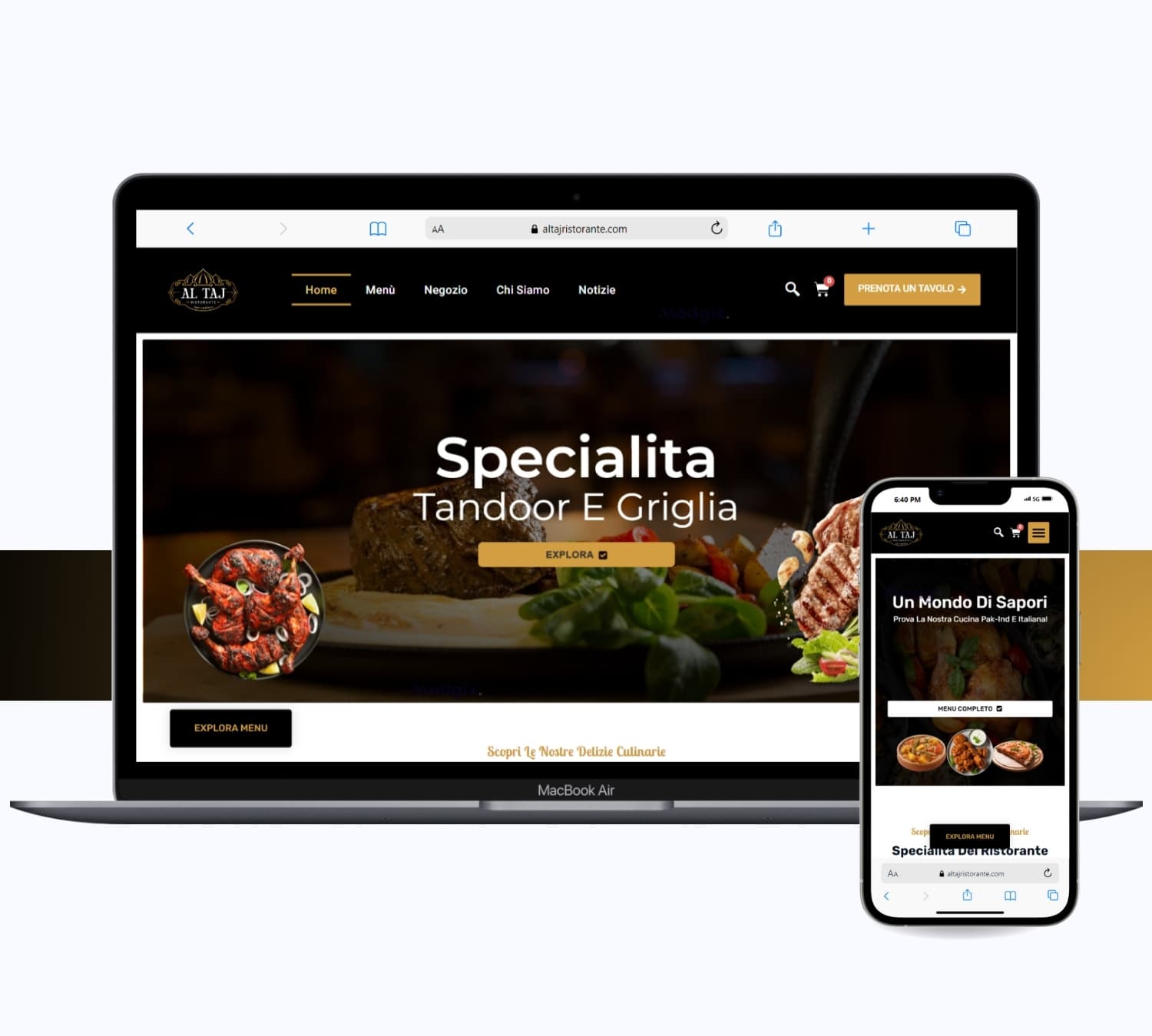 Al Taj Ristorante website on a laptop and phone