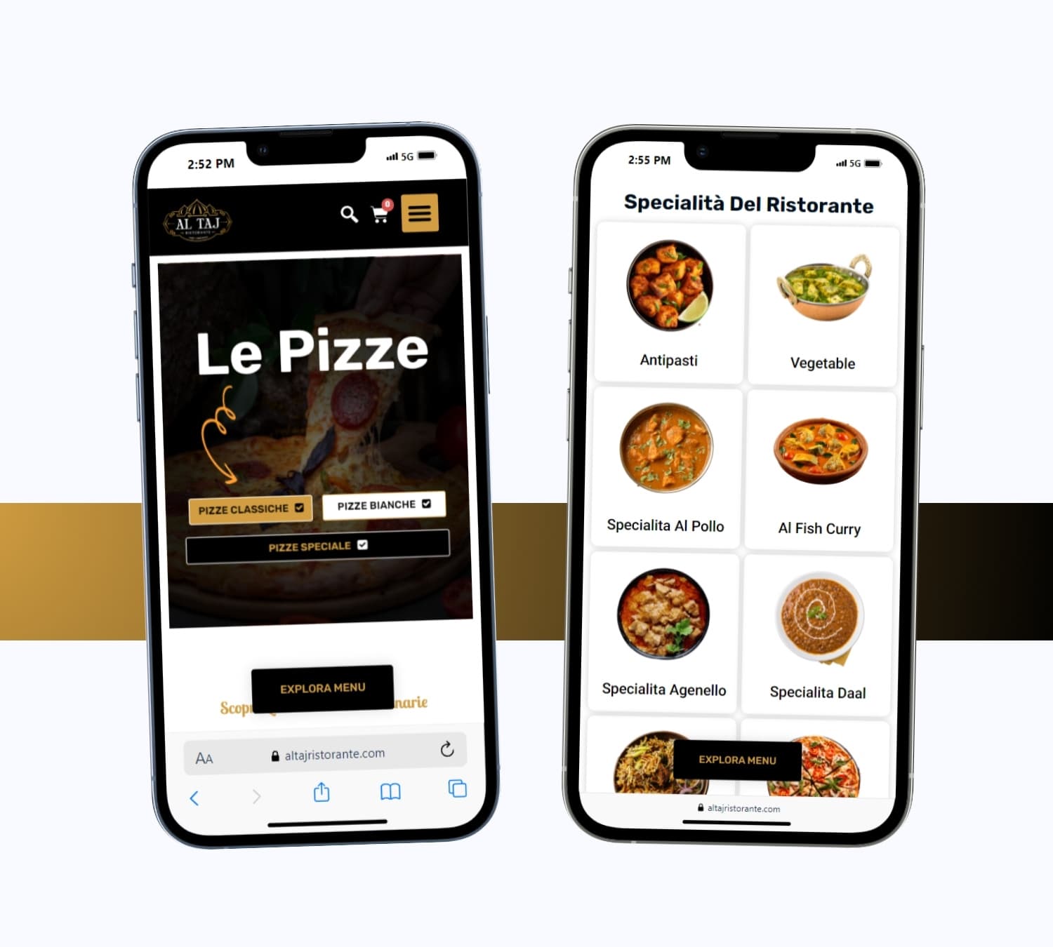Al Taj Ristorante menu pages on two phones