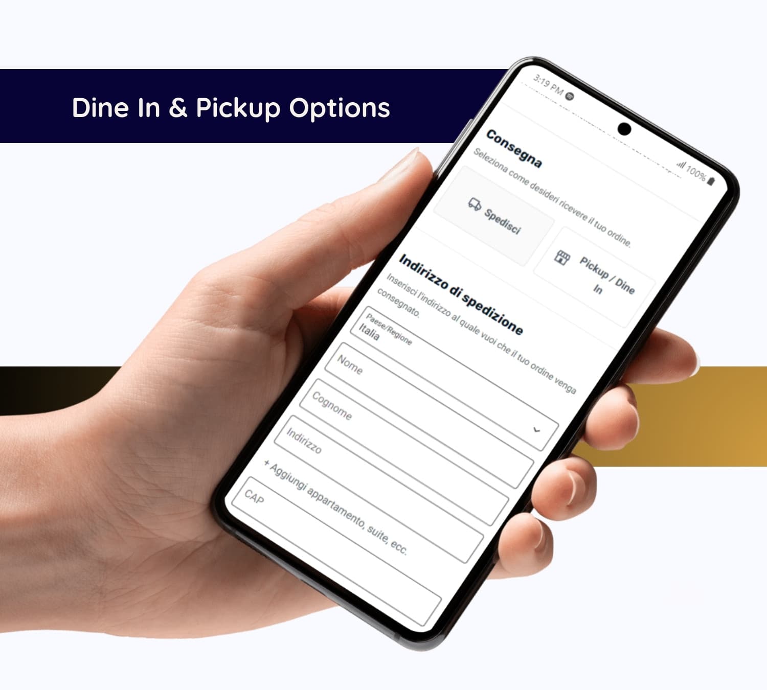 Al Taj Ristorante dine-in and pickup options on a phone