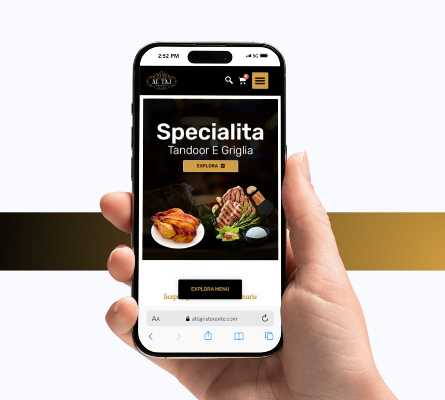 Al Taj Ristorante home page on a phone, held in hand