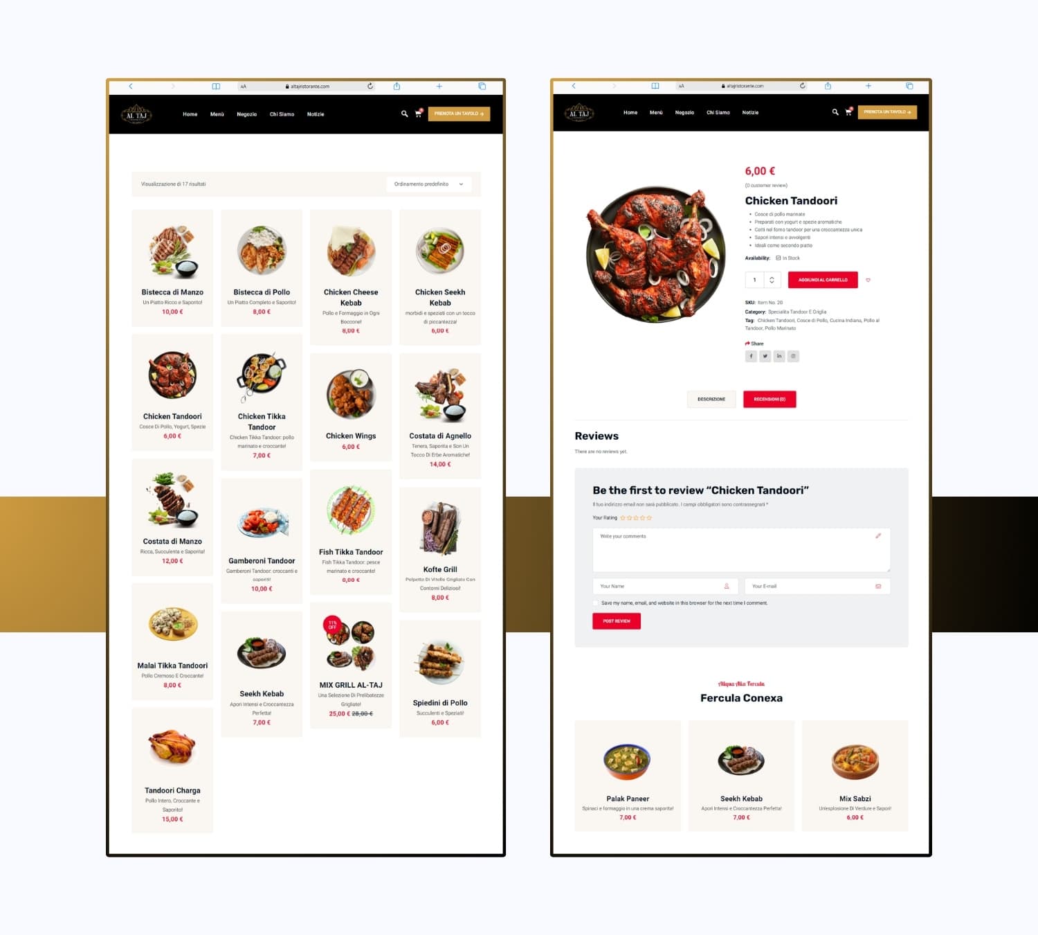 Al Taj Ristorante dish listings on a tablet