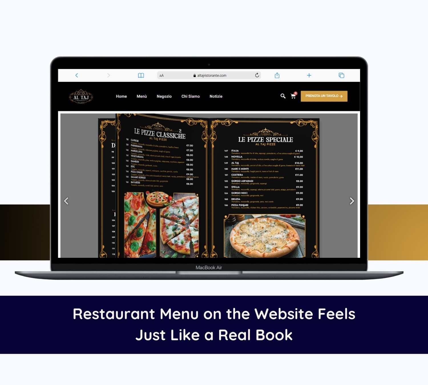 Al Taj Ristorante menu shown as a book on a laptop