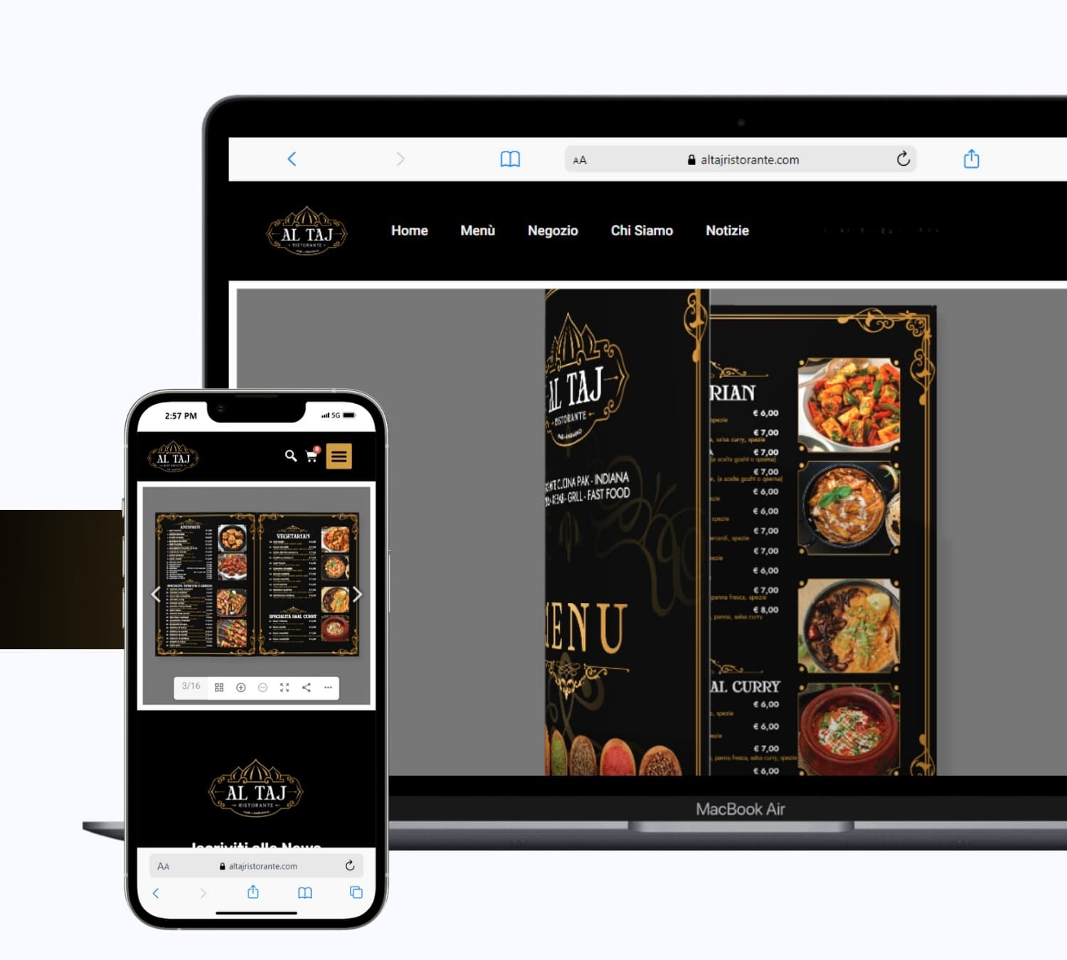 Al Taj Ristorante menu on a laptop and phone