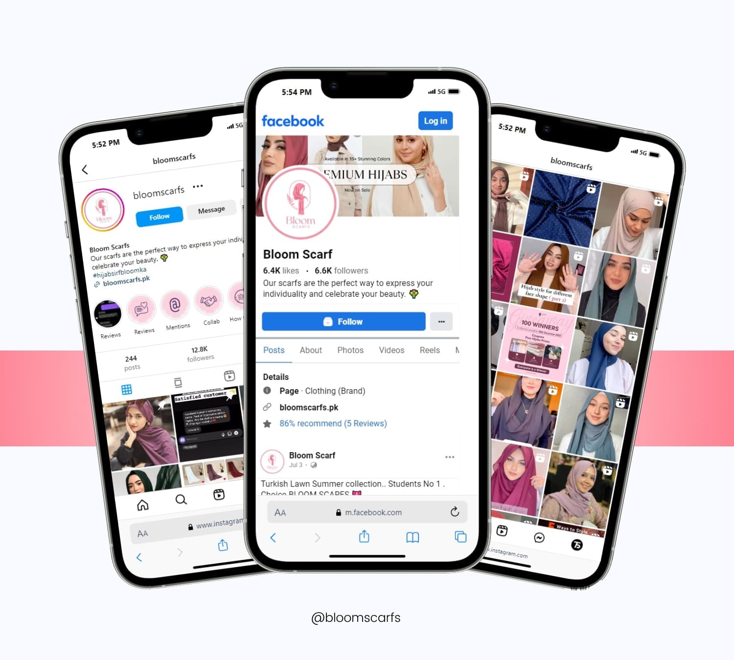Bloomscarfs product pages on three phones