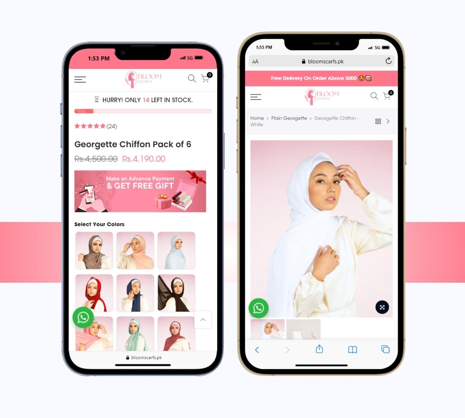 Bloomscarfs product listings on two phones