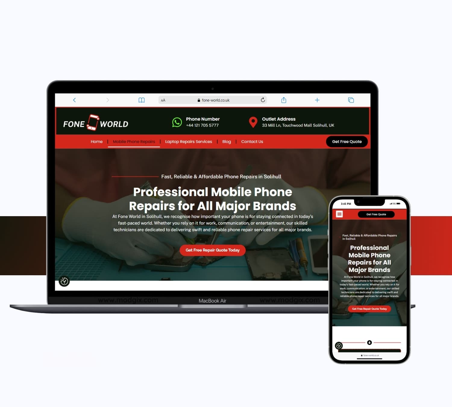 Fone World repair website on a laptop and phone