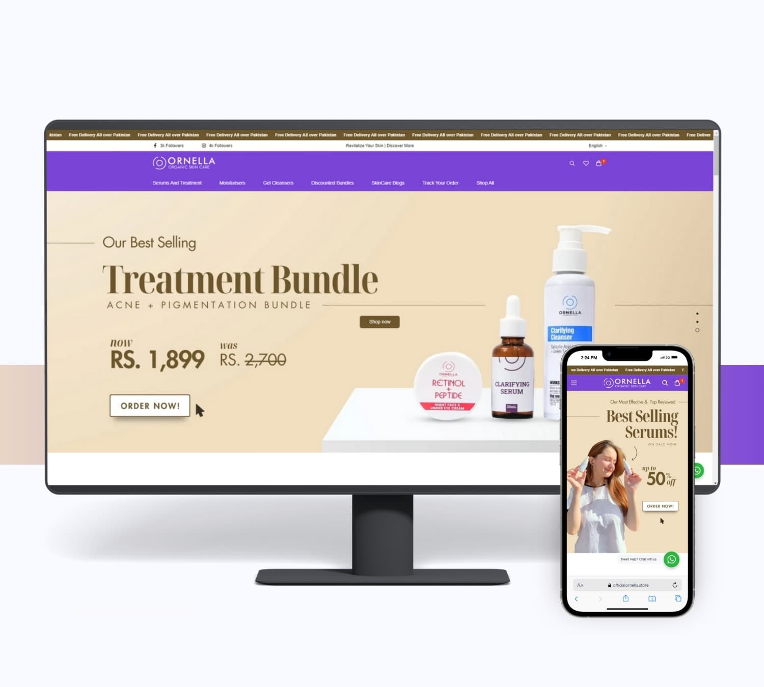 Ornella skincare store on a desktop and phone