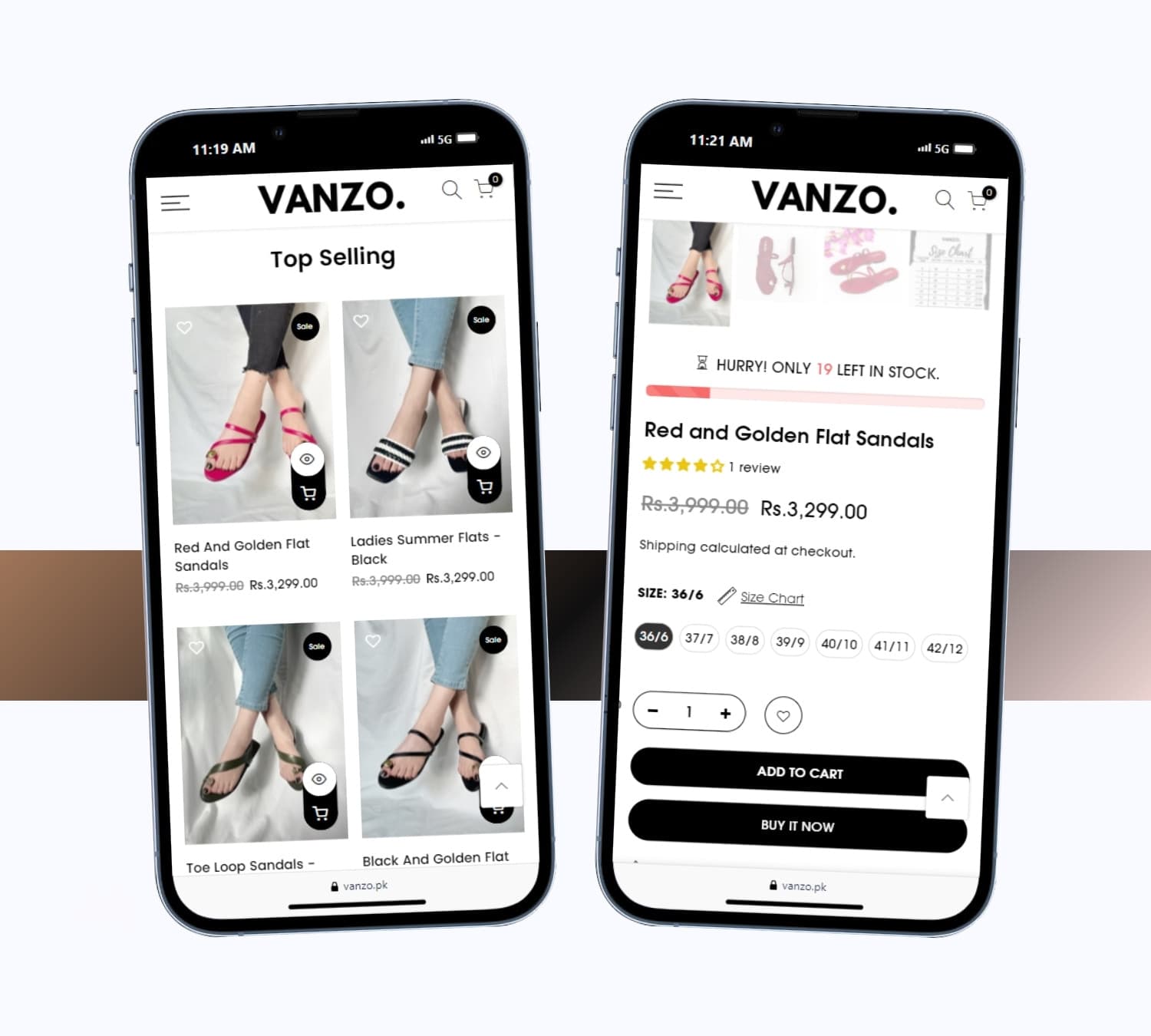 Vanzo product pages on two phones
