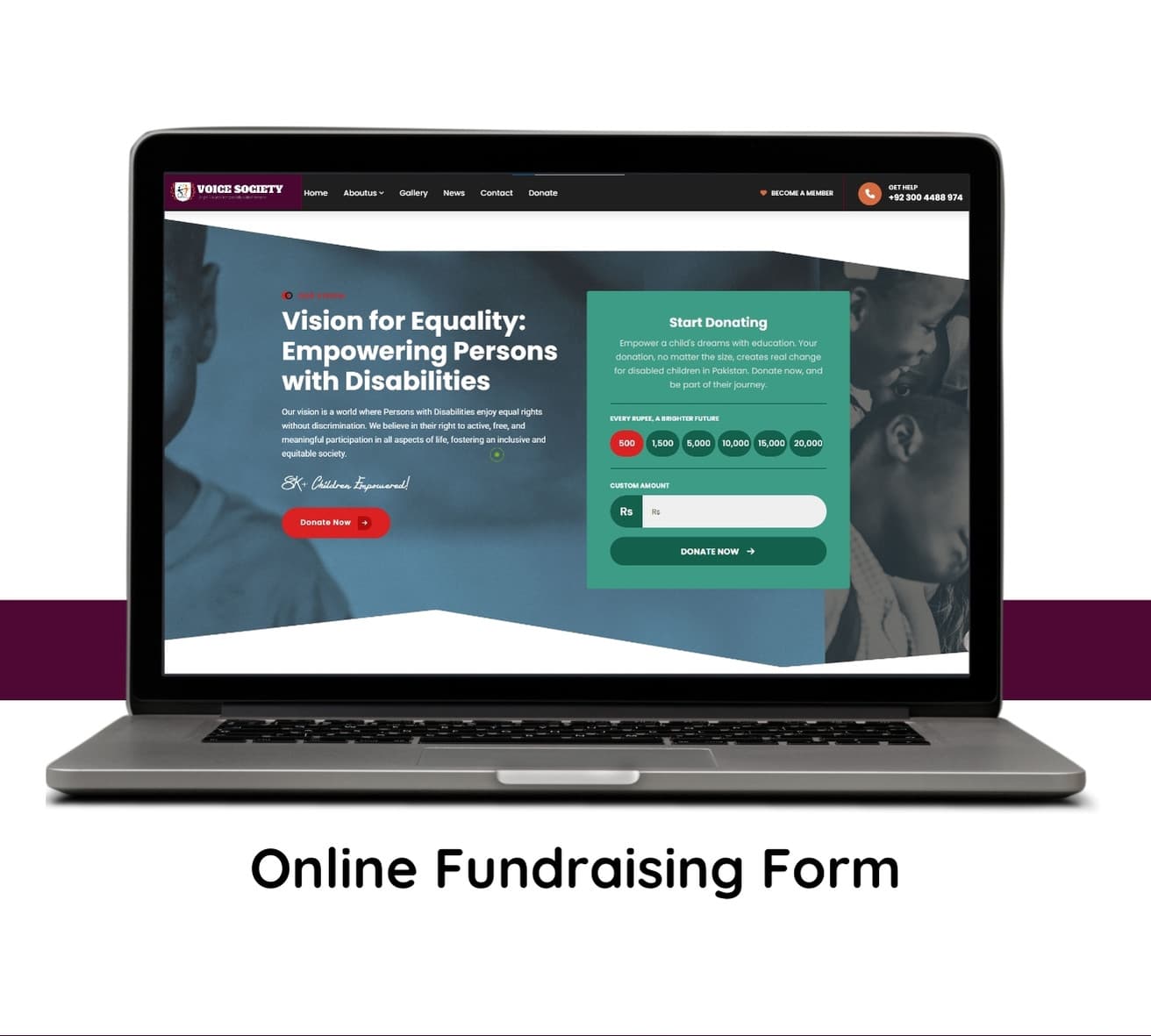 Voice Society fundraising form on a laptop
