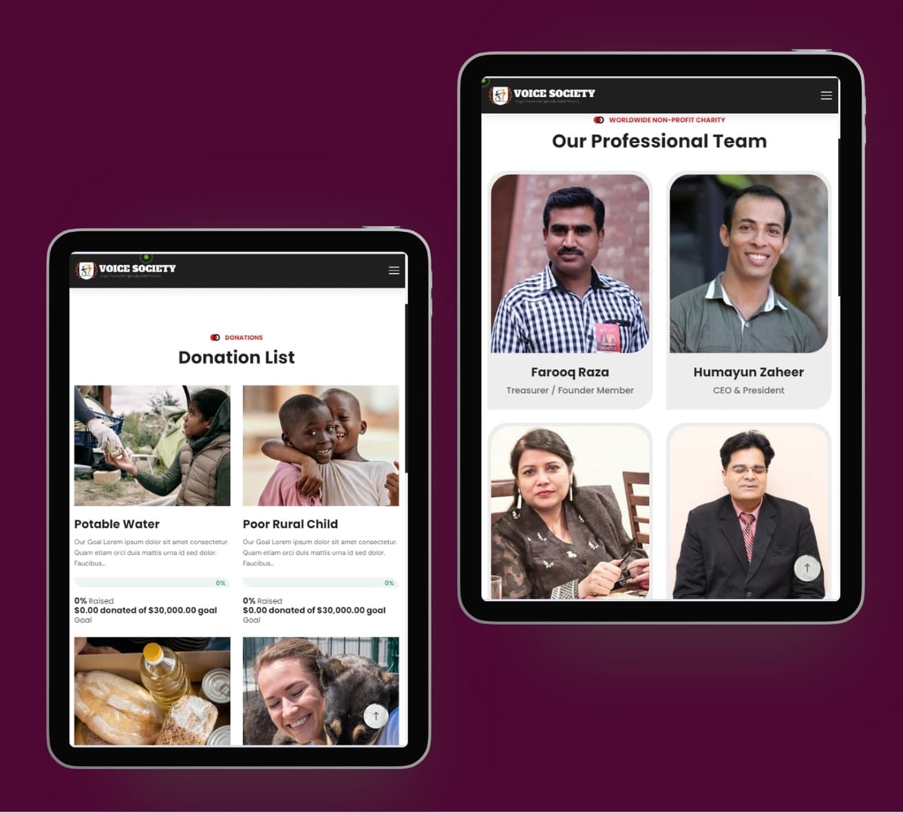 Voice Society team page on a tablet and phone