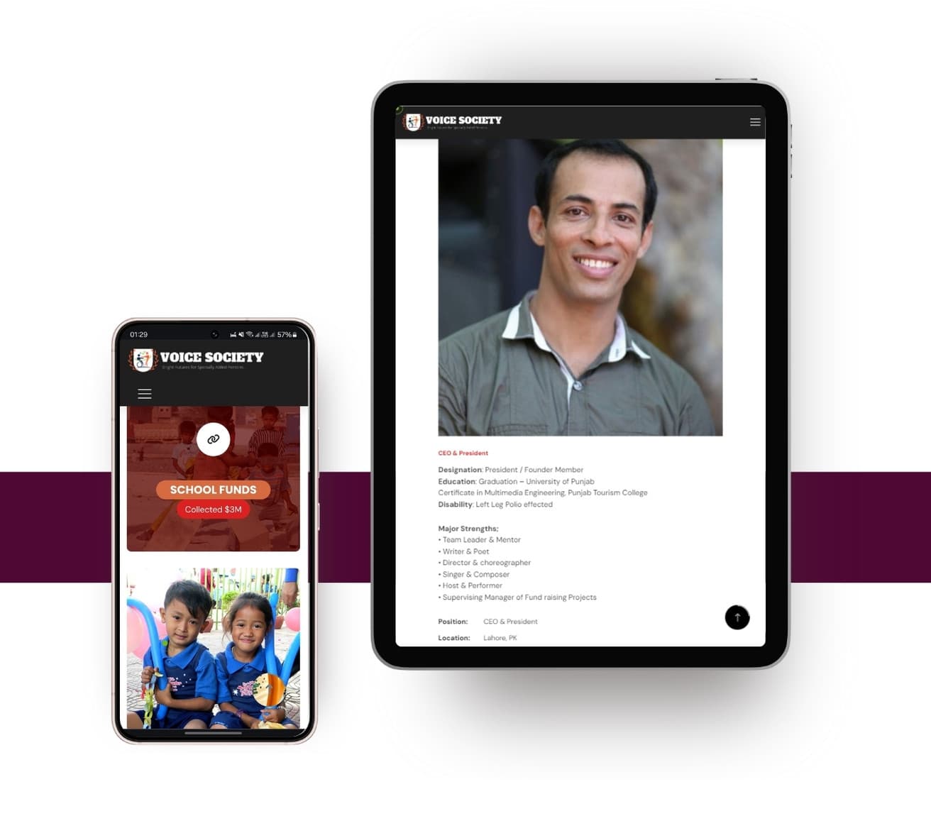 Voice Society profile page on a tablet and phone