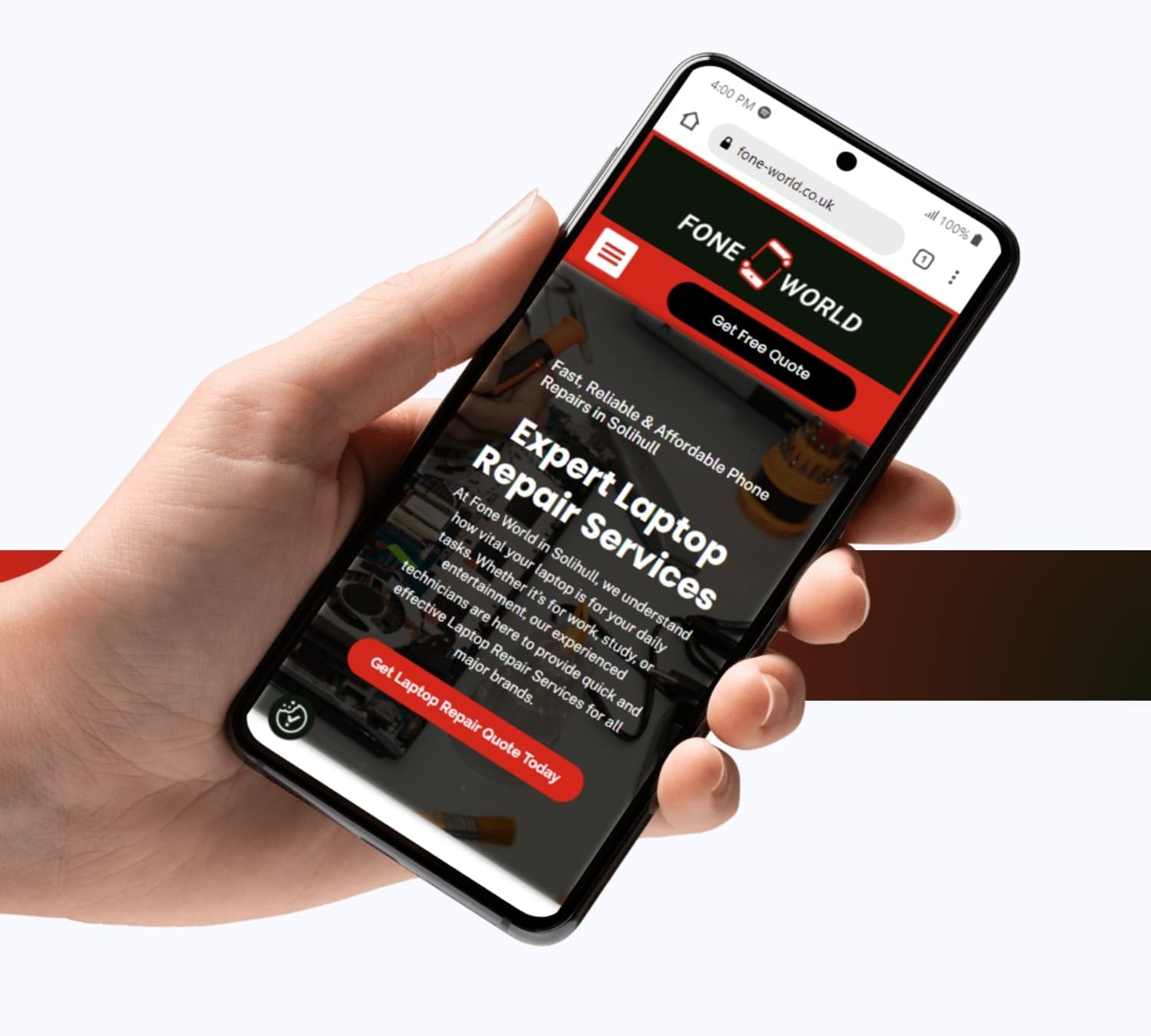 Fone World home page on a phone, held in hand