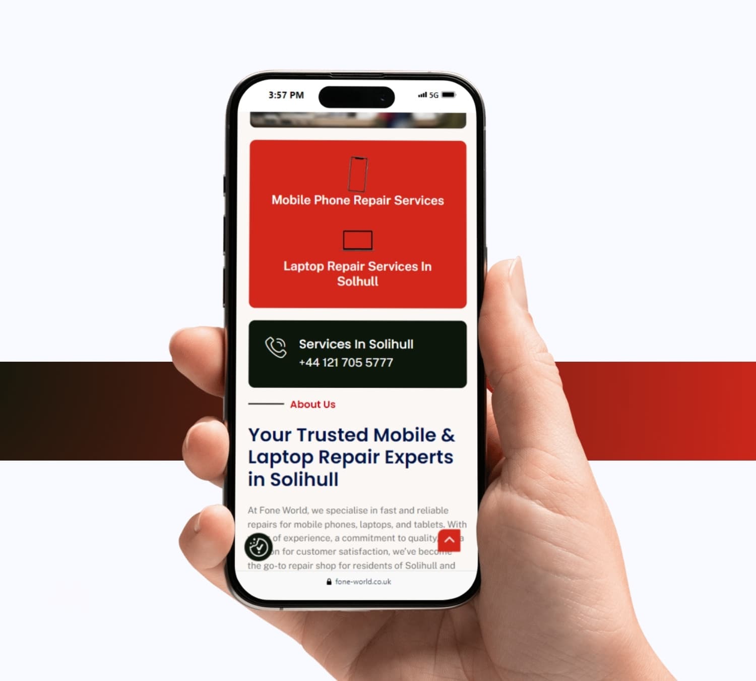 Fone World repair services page on a phone