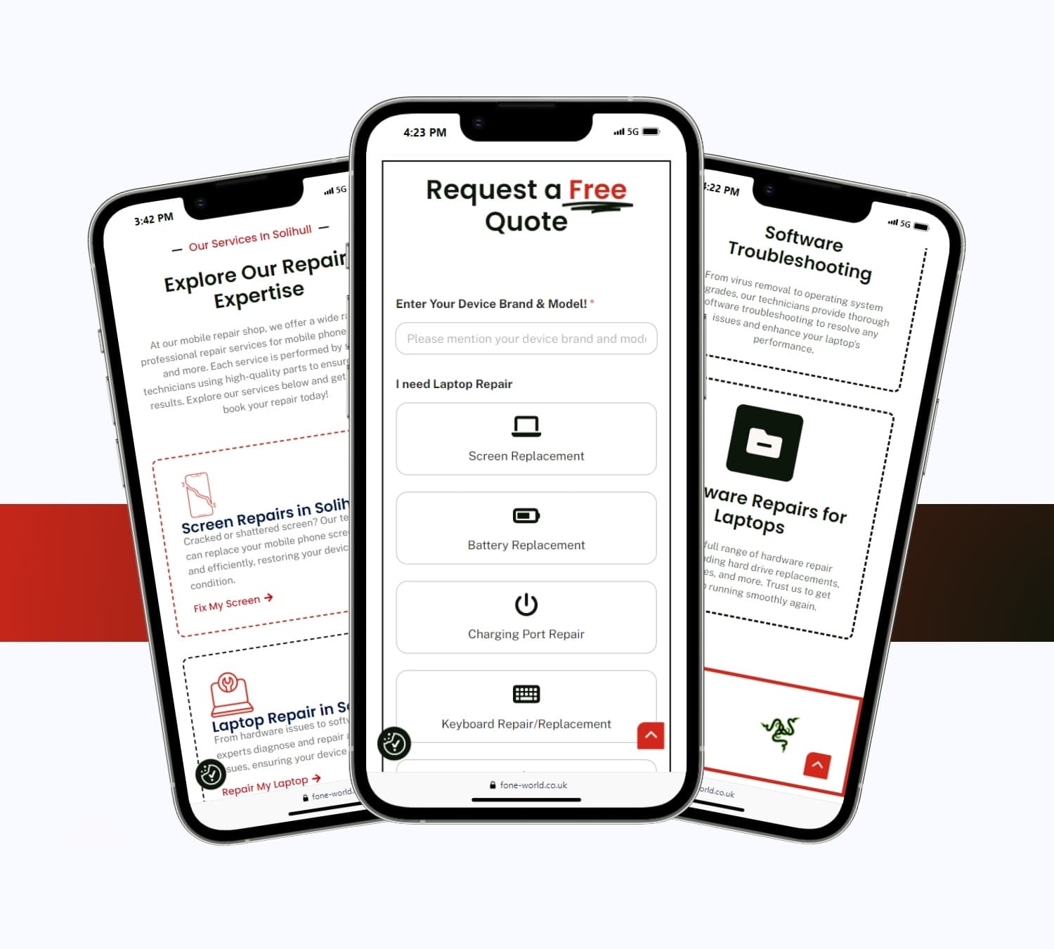 Fone World quote request form on two phones