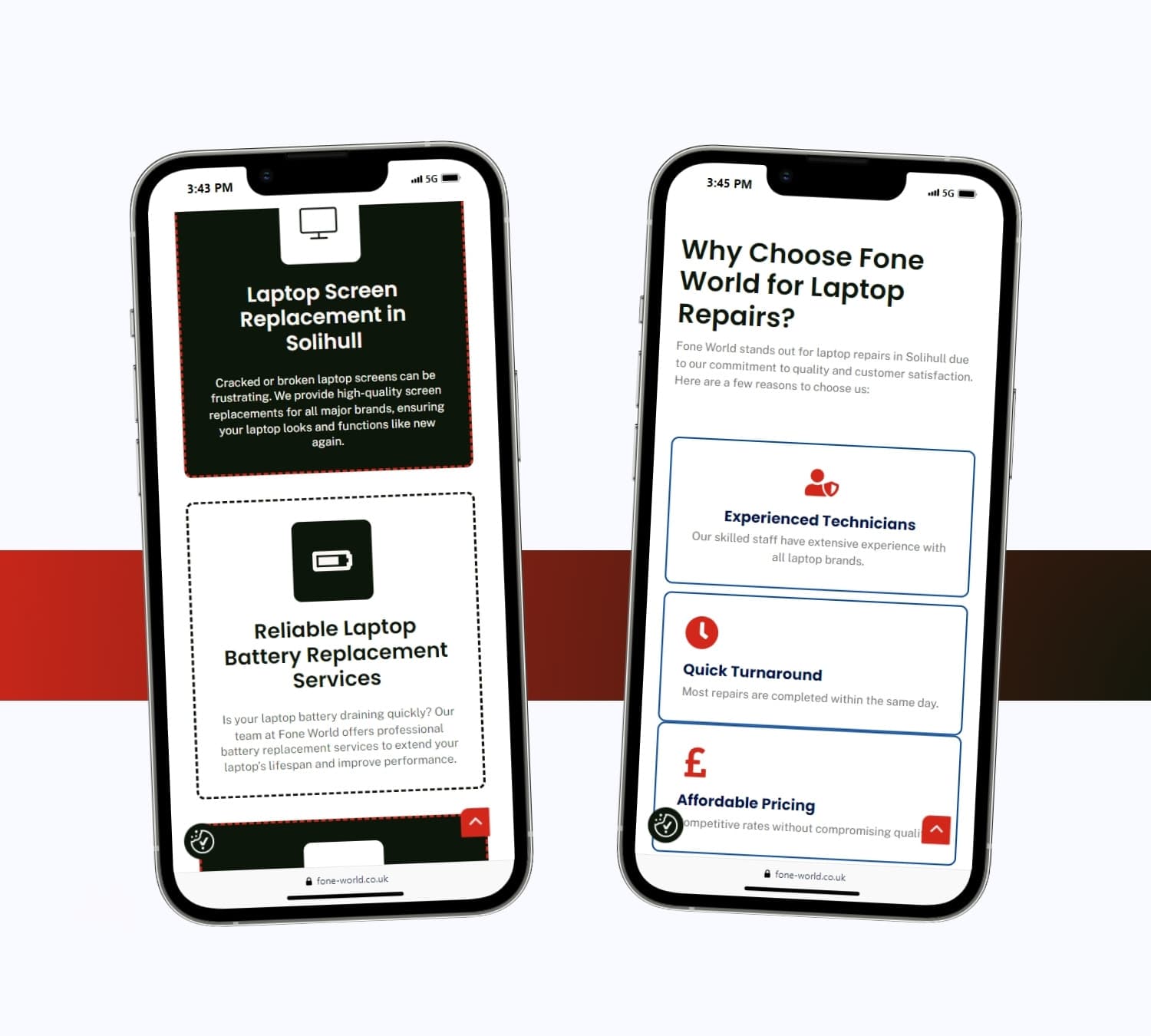 Fone World service pages on two phones