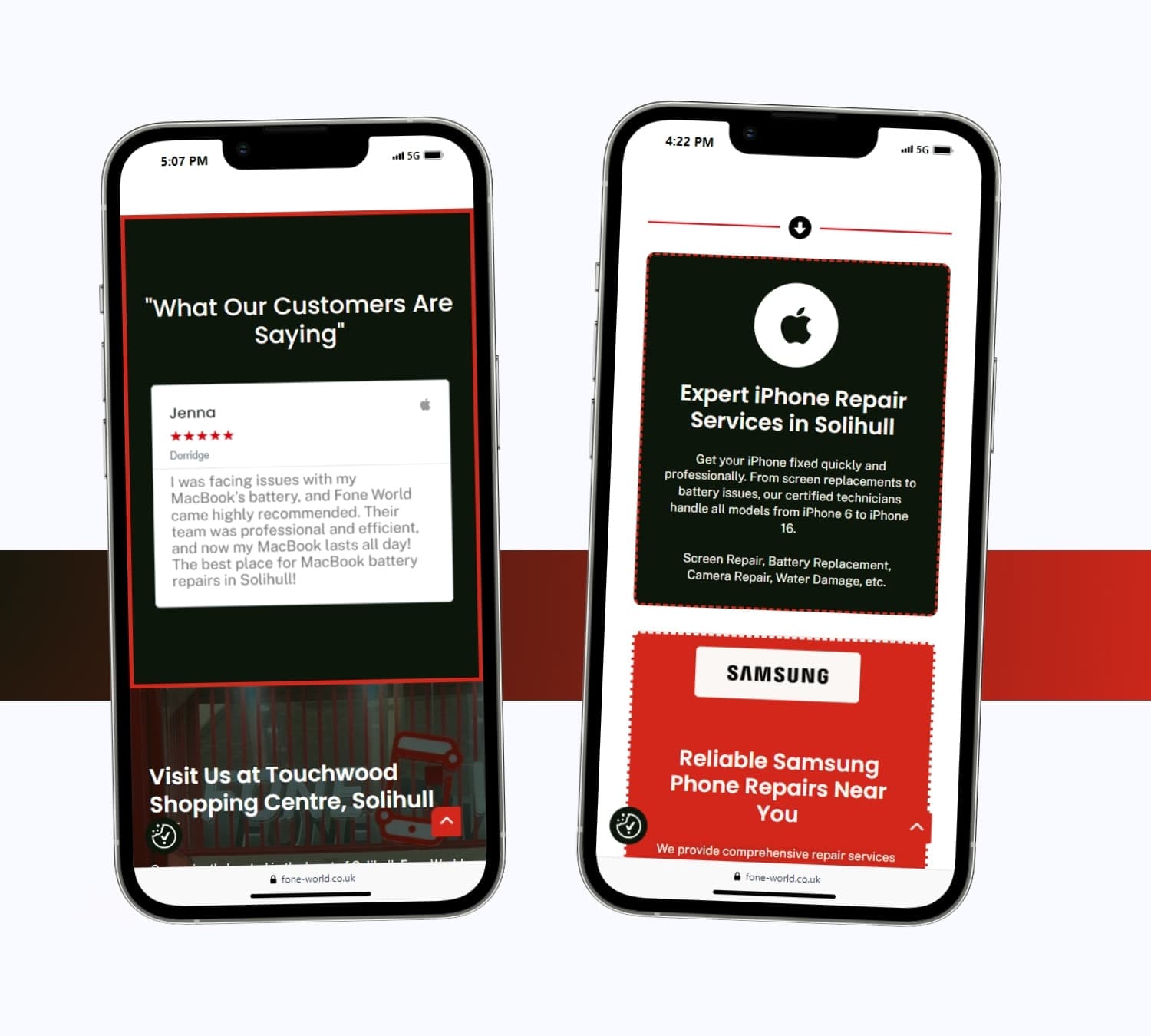 Fone World repair pages on two phones