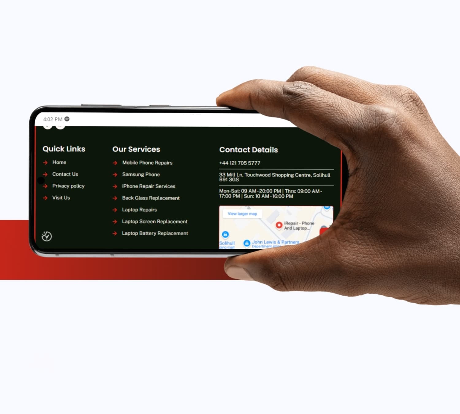 Fone World website on a phone held sideways