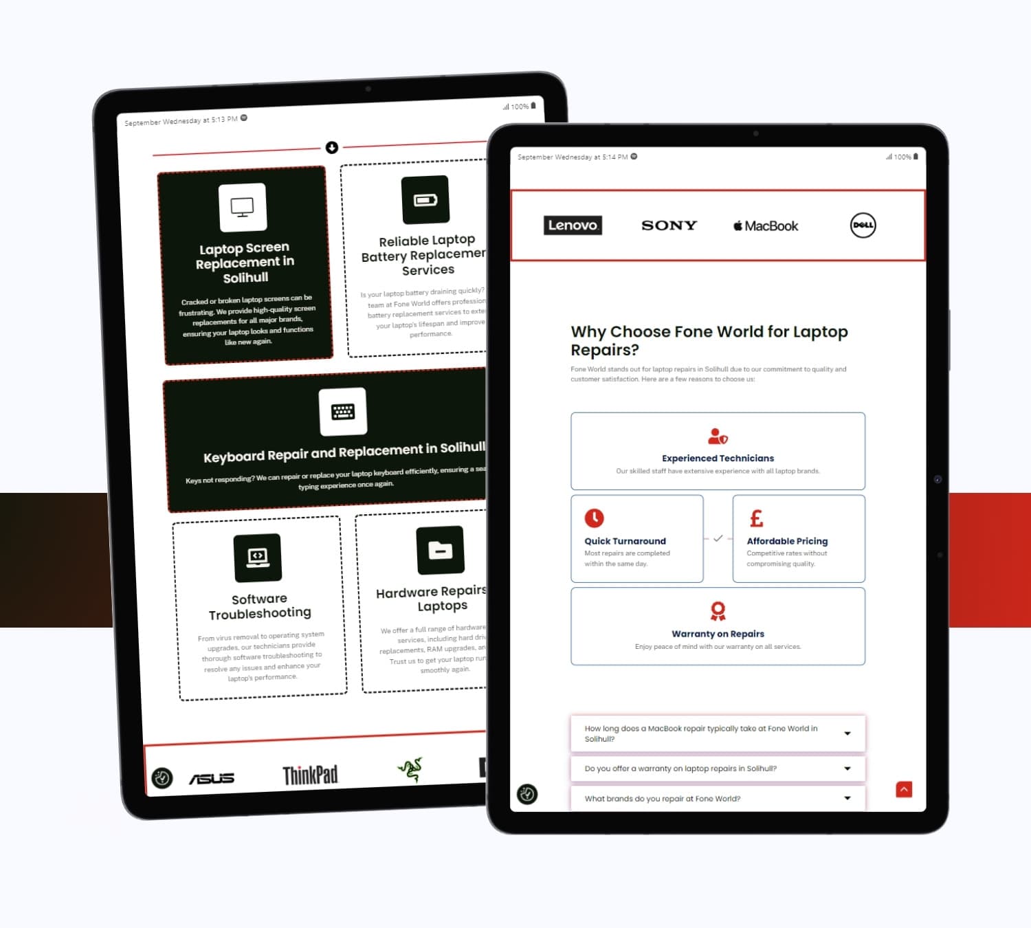 Fone World pages on a tablet and phone