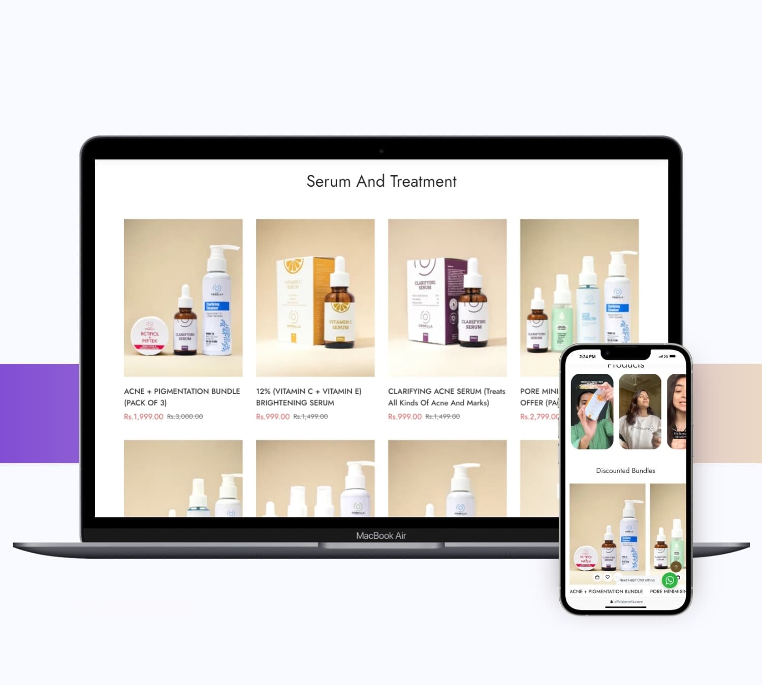 Ornella product range on a laptop and phone