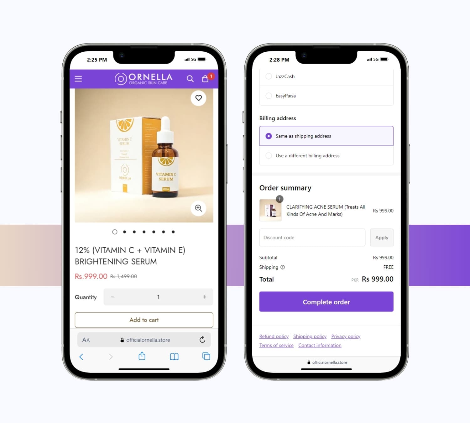 Ornella product pages on two phones