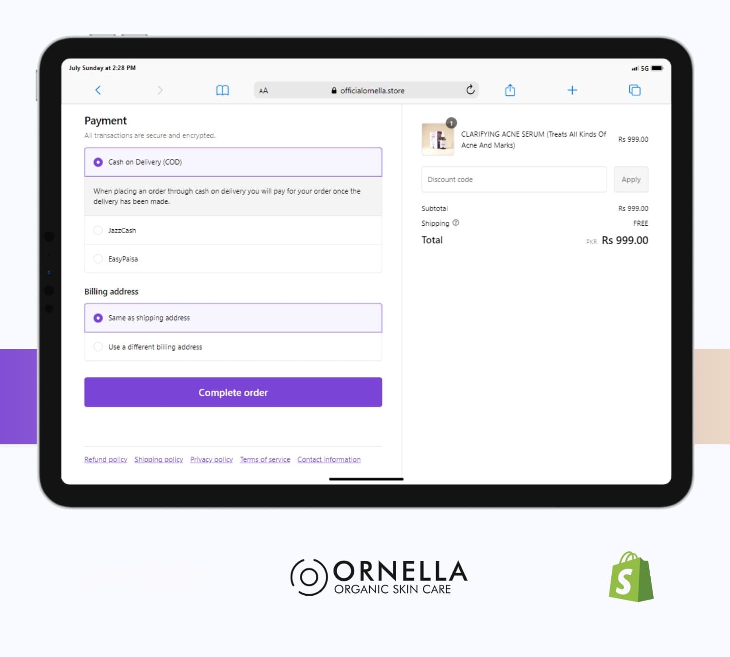 Ornella checkout on a tablet
